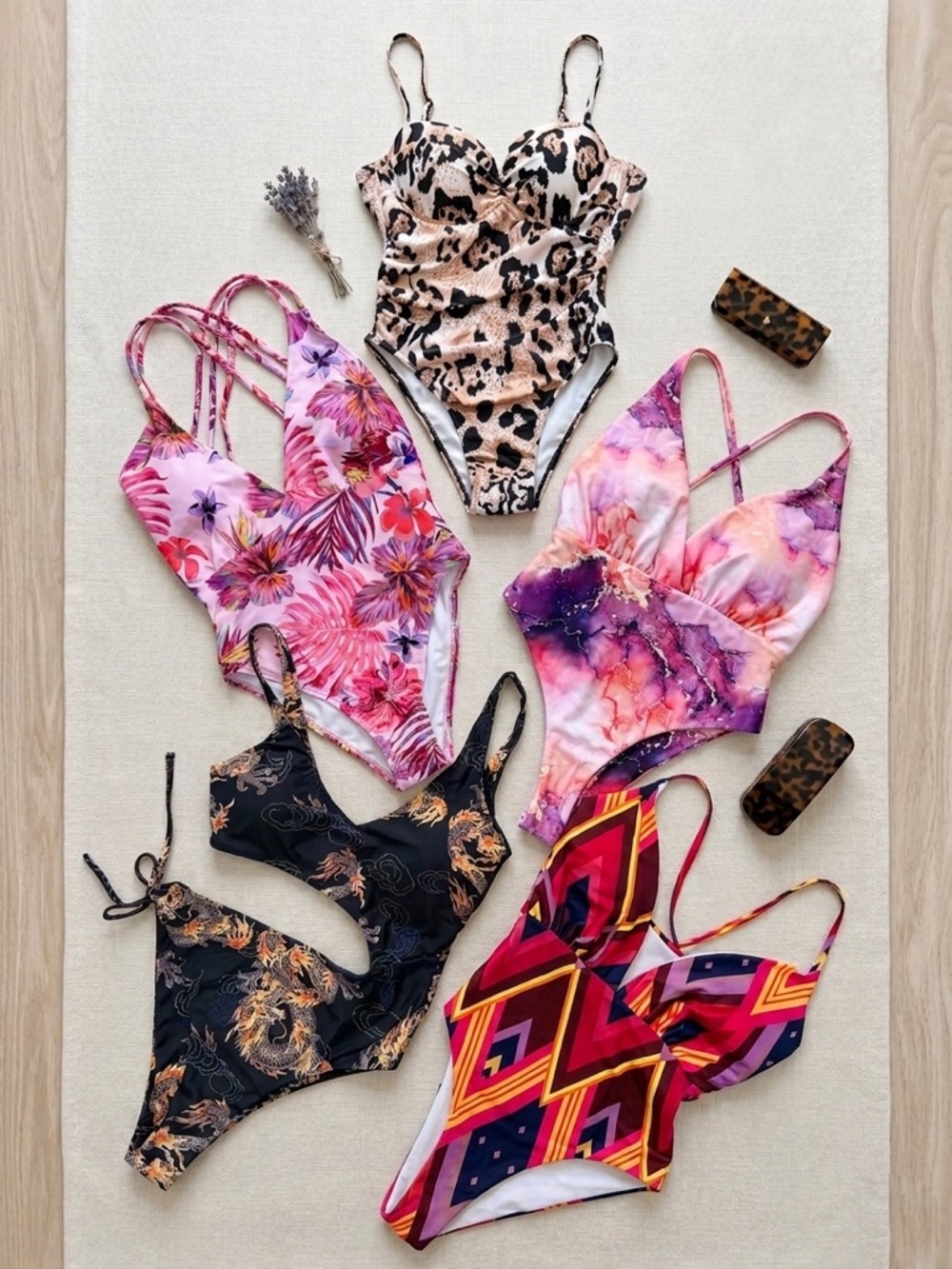 NWOT SHEIN 5pc Swimwear Bundle One Piece Monokini Dragon Floral Leopard Size S